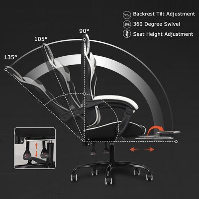 Chaise de jeu de course ergonomie vidéo en cuir synthétique à dos élevé avec repose-pieds ALINUNU