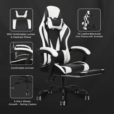 Chaise de jeu de course ergonomie vidéo en cuir synthétique à dos élevé avec repose-pieds ALINUNU