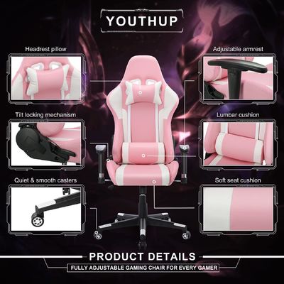 Chaise de jeu de bureau réglable pour ordinateur avec fonction de massage et barre lumineuse LED