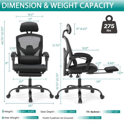 Chaises à rouleaux pivotantes en treillis arrière pour bureau 360 pivotante / hauteur réglable 34,4 livres