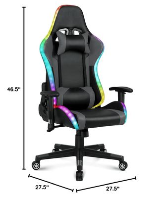 Chaise pivotante de jeu en faux cuir confortable avec barre lumineuse LED et fonction de massage