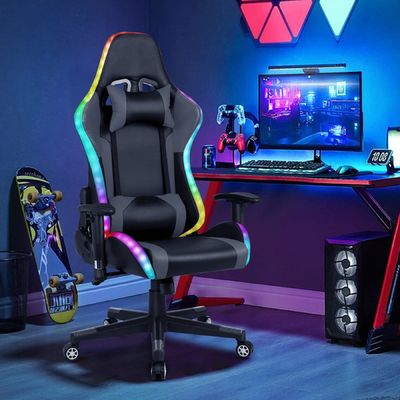 Chaise pivotante de jeu en faux cuir confortable avec barre lumineuse LED et fonction de massage