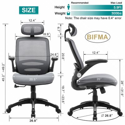 Taille réglable Chaise de bureau à dos en maille haute avec bras pliables et style de design moderne