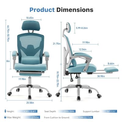 Chaise de bureau ergonomie haute arrière avec coussin lombaire et repose-pieds rétractable