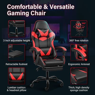 Chaise de jeu ergonomique avec repose-pieds et support lombaire 20&quot;D x 25&quot;W x 46&quot;H/360 pivotante