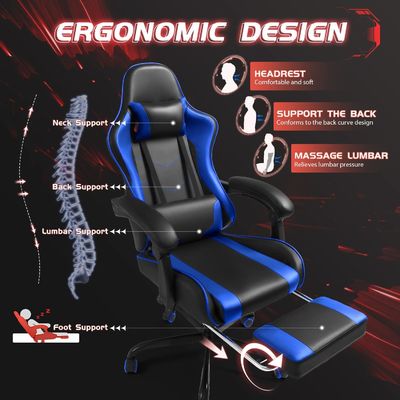 Chaise de jeu ergonomique à dos solide avec repose-pieds et support lombaire de massage