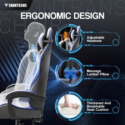 Chaise de joueur ergonomique ALINUNU avec massage et cuir synthétique