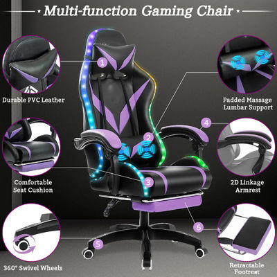 Emballage du courrier Chaise de jeu RGB ergonomique avec massage et lumières LED Style de chaise pivotante