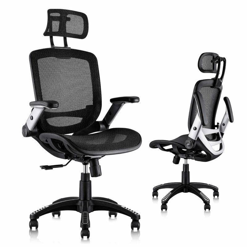 Chaise de bureau ergonomique à dos élevé avec repose-tête réglable et chaise élévatrice à bras pliable