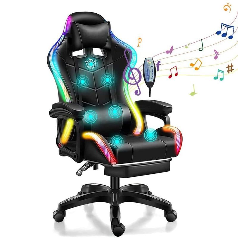 Chaise de jeu RGB ergonomique de couleur personnalisée avec haut-parleurs de massage à 7 points et lumière LED