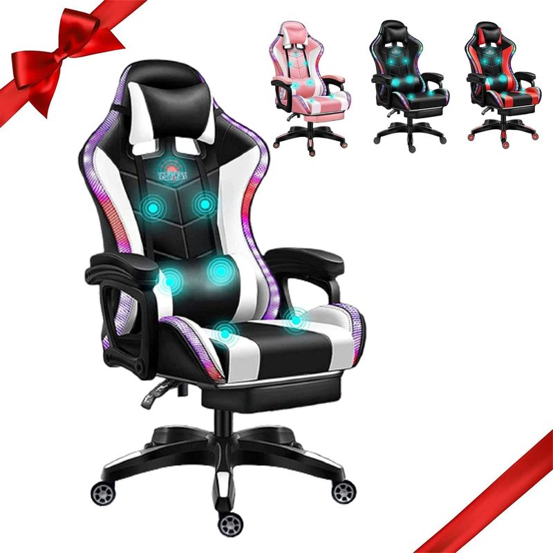ALINUNU PC fauteuil de jeu de massage fauteuil LED pivotant de course avec haut-parleurs et oreiller lombaire